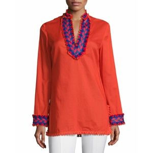 Tory Burch Samba Fringe-Trim Cotton Tunic Top Sz L